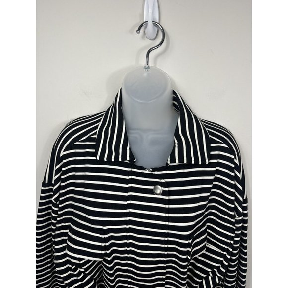 Chicos Sweatshirt Jacket Womens Size 2 Black White Stripe Zip Up Belt Collar L - Picture 2 of 10
